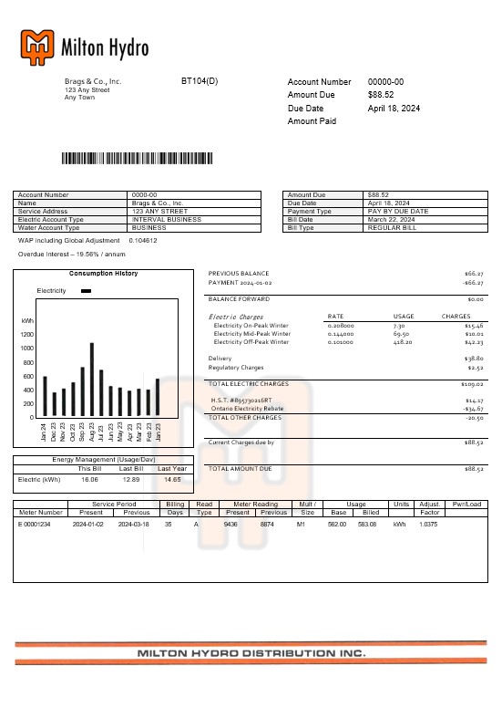 Canada Milton Hydro electricitybusiness utility bill Word and PDF formats